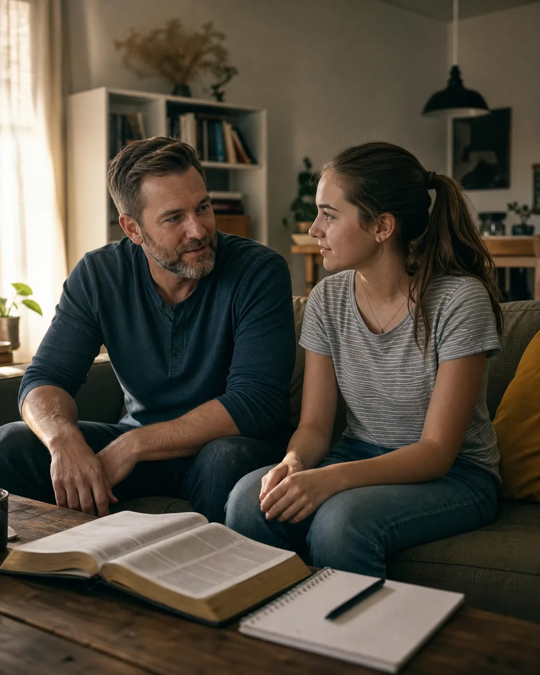 A father and teenage daughter talking together beside an open Bible