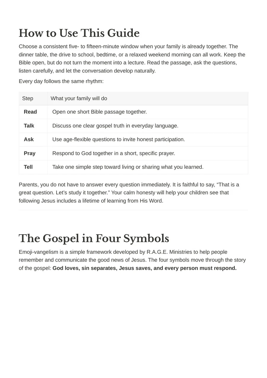 Interior guide page showing how to use Gospel Ready Families and the Read, Talk, Ask, Pray, Tell rhythm