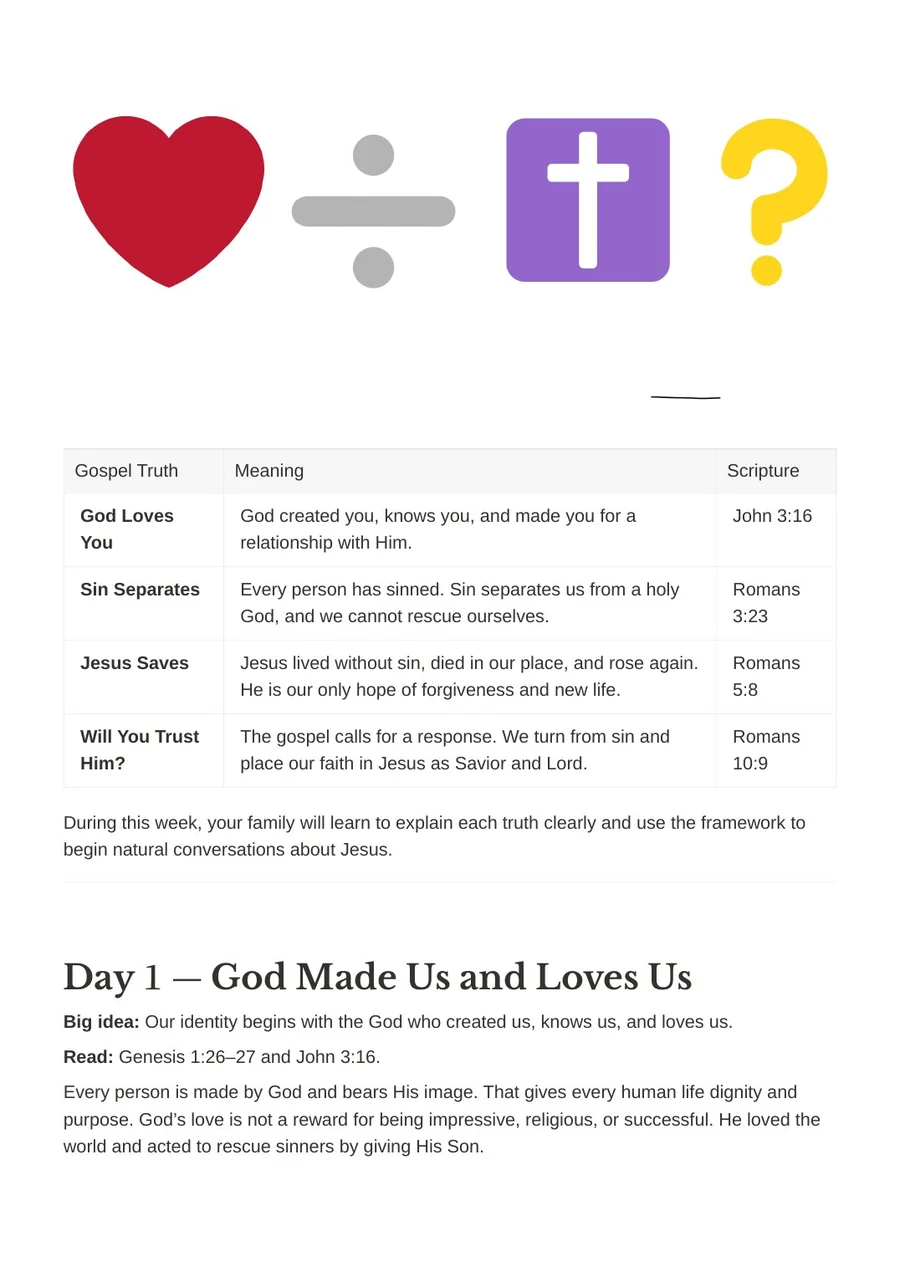Interior guide page showing the four-symbol gospel framework and the beginning of Day One